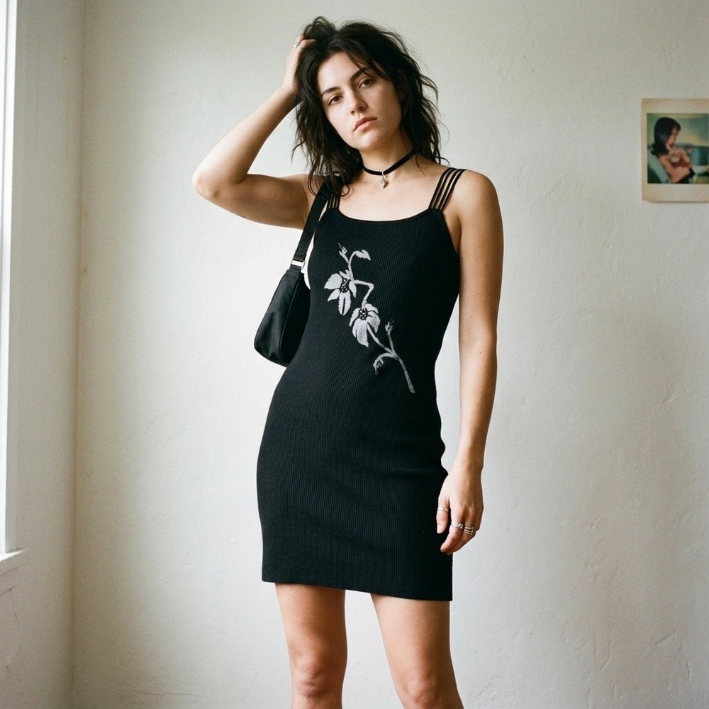 Vintage 90s Guess Collection Women Dress Small Black Floral Wool Blend Goth Mini